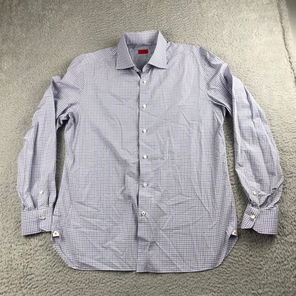 Isaia Napoli Button Down Shirt Mens 16.5 42 Purple Gingham Long Sleeve Italy